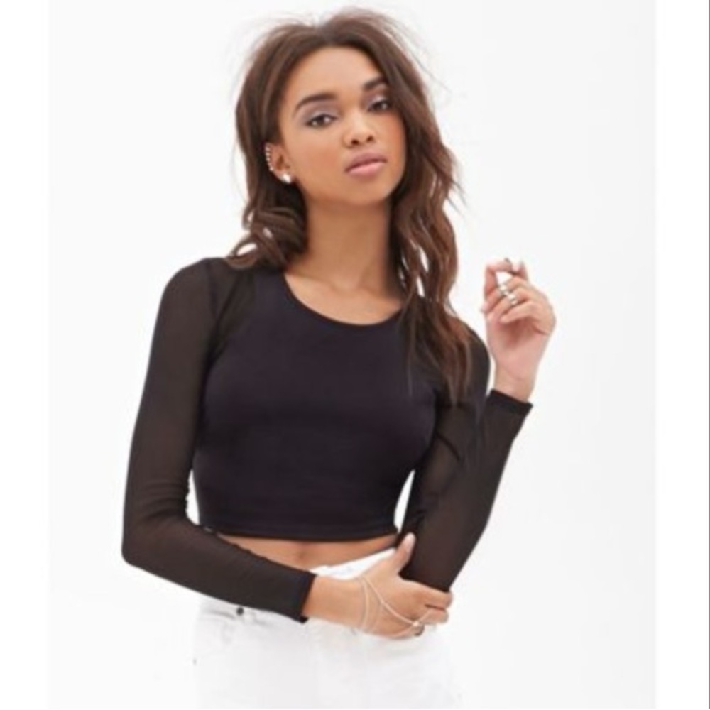 Forever 21 Black Long Sleeve Crop Top Mesh Sleeves